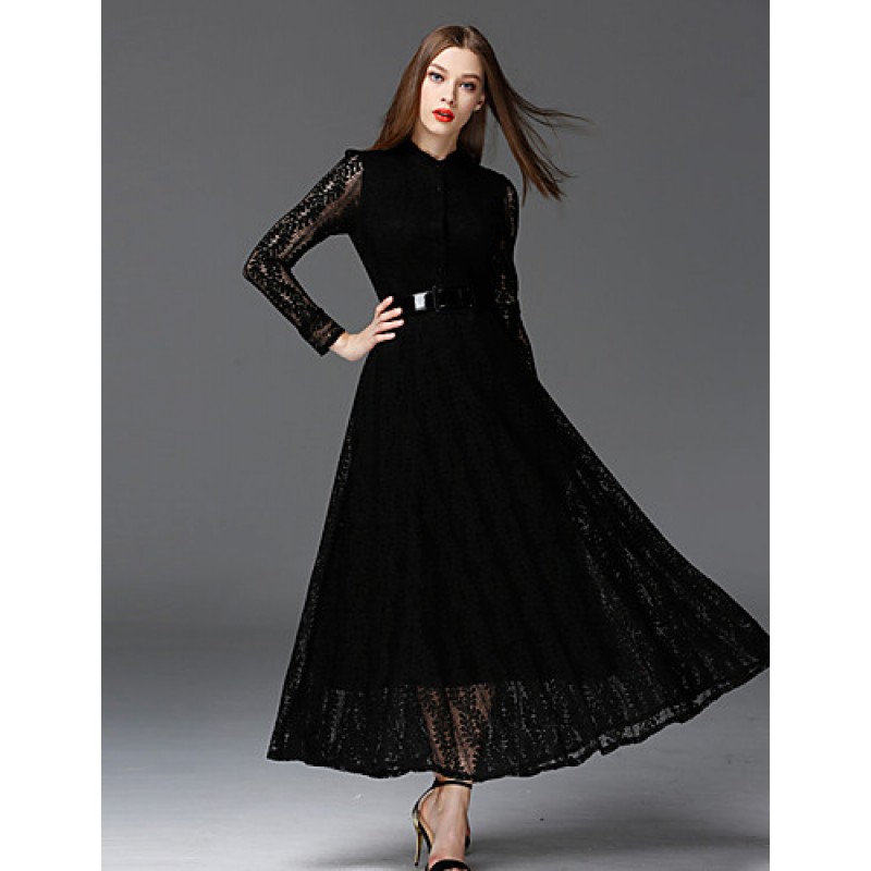  Women's Work Vintage DressSolid Stand Maxi Long Sleeve Black Cotton / Polyester / Nylon