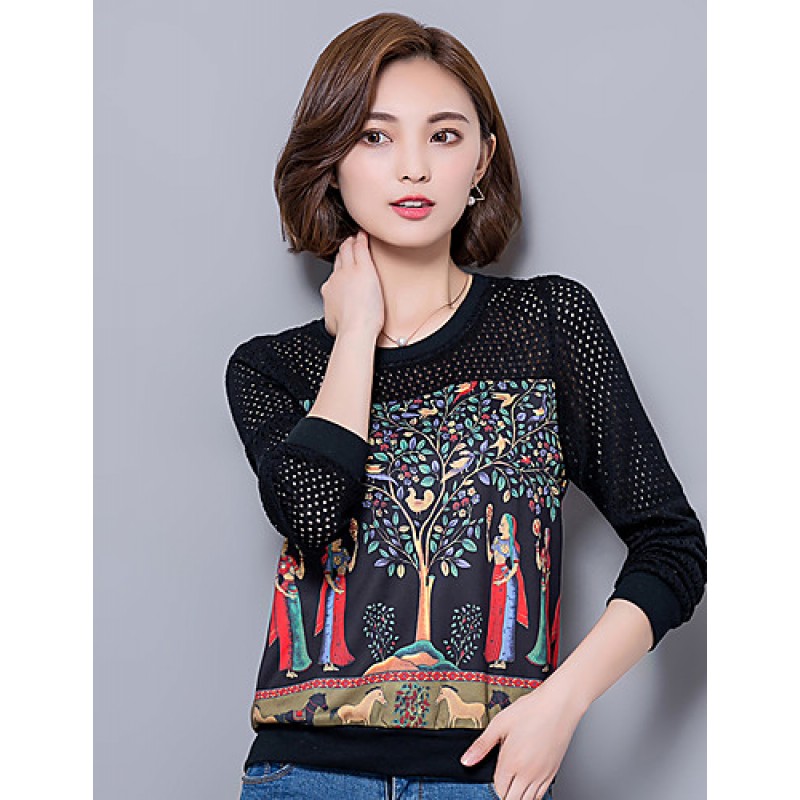 Women's Plus Size / Going out / Casual/Daily Street chic Spring / Fall T-shirtPrint / Patchwork Long Sleeve Black