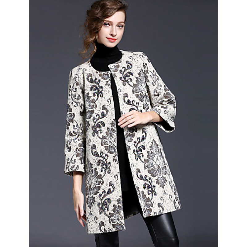 Women's Going out Sophisticated CoatFloral Round Neck Long Sleeve Winter White