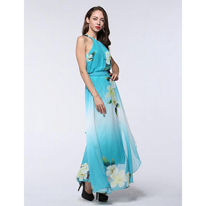 Women's Holiday / Plus Size Boho Chiffon Dress,Print Round Neck Maxi Sleeveless Blue Polyester Summer