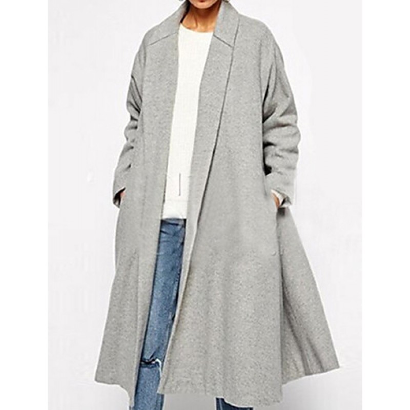 Women's Coat,Solid Shirt Collar Long Sleeve Winter Gray Wool Opaque