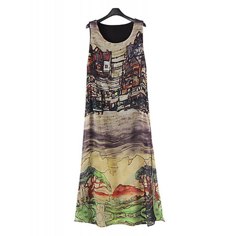 Women's Loose Dress,Print Round Neck Midi Sleevele...