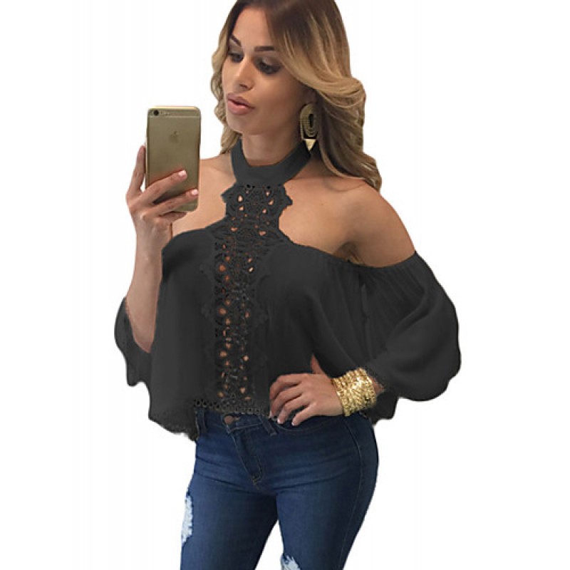 Women's Black Chocker Neck Bare Shoulders Flare Crop Top