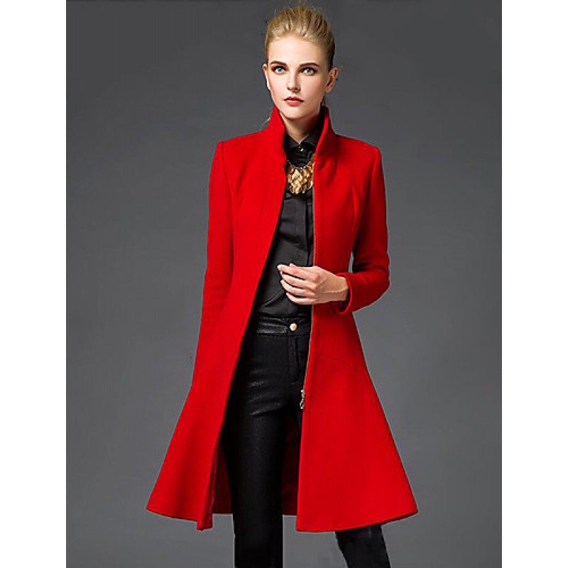 Women's Going out Sophisticated Coat,Solid Stand Long Sleeve Winter Red / Black Wool Medium