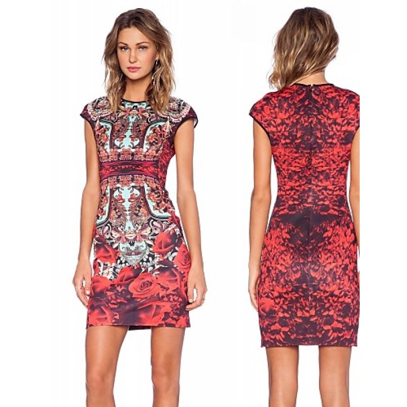 Women's Vintage Floral Sheath Printed Dress , Round Neck Knee-length Polyester