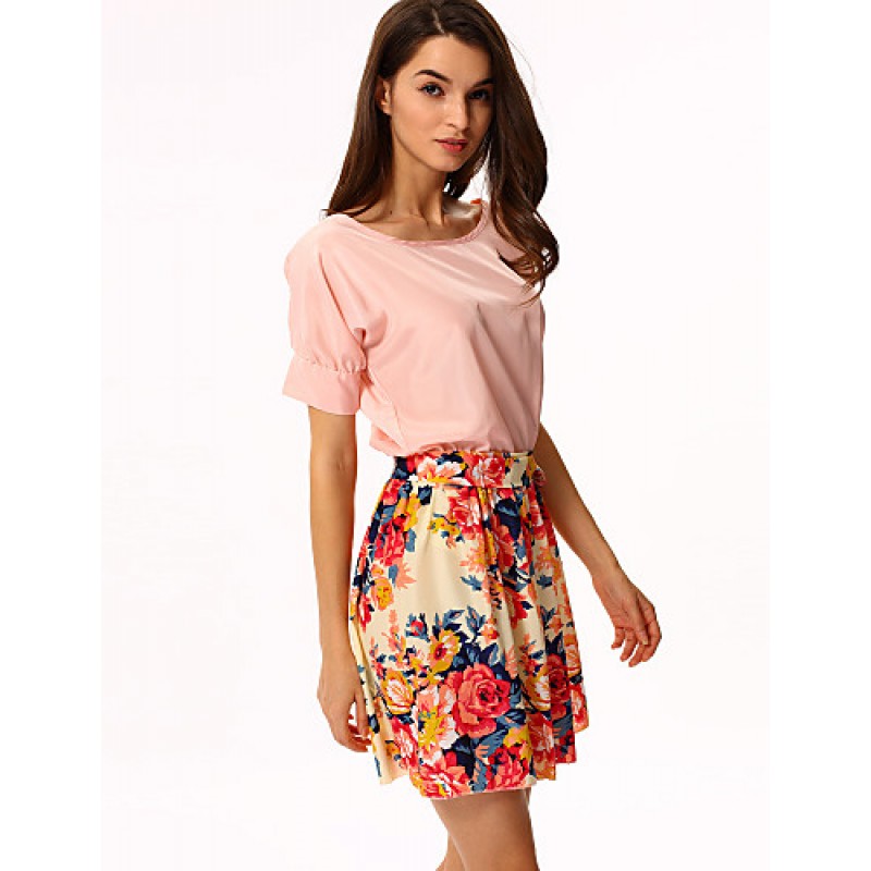 Women's White/Pink Round Flower Print Chiffon Short Sleeve Dress