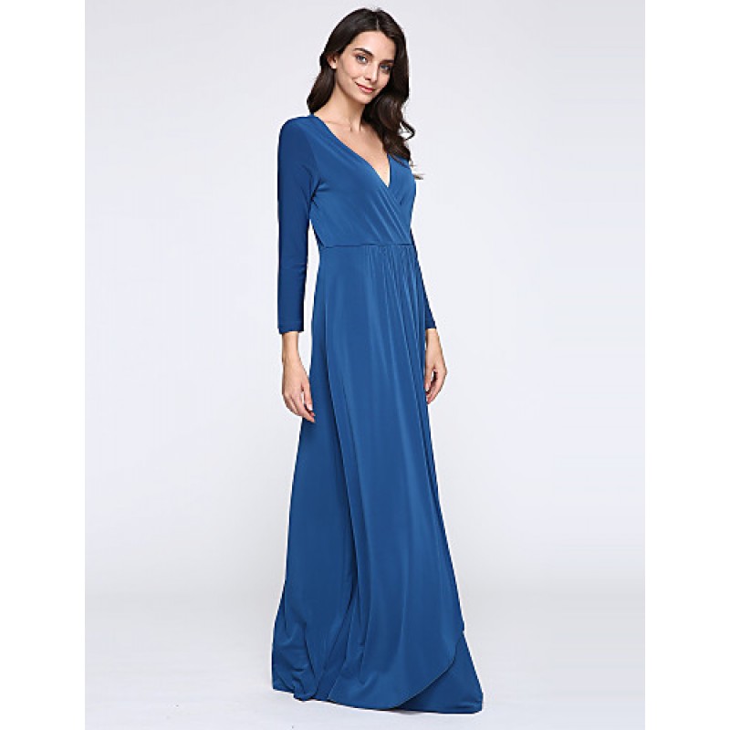 Women's Party/Cocktail Plus Size Plus Size Dress,Solid V Neck Midi Long Sleeve Blue Spandex Fall