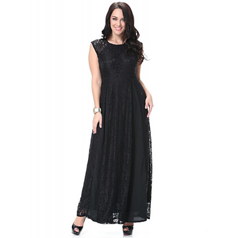 Women's Beach Plus Size / Lace Dress,Solid Round Neck Maxi Sleeveless Black Polyester Spring