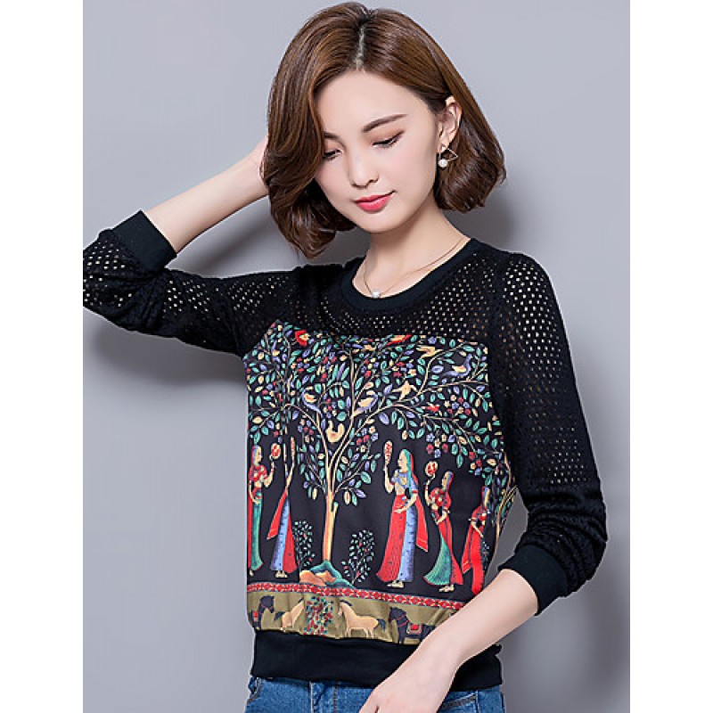 Women's Plus Size / Going out / Casual/Daily Street chic Spring / Fall T-shirtPrint / Patchwork Long Sleeve Black