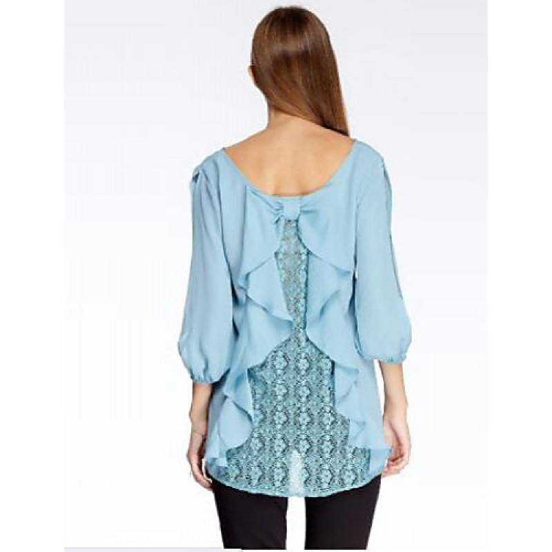 Women's Going out Simple Summer Blouse,Solid Round Neck ? Sleeve Blue Polyester Thin