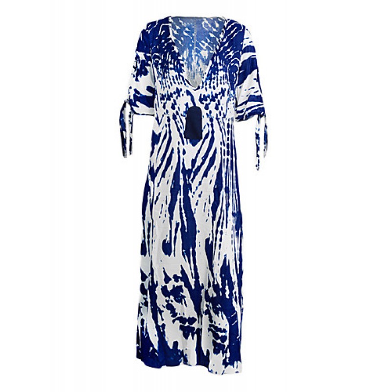 New Boho Maxi Dress Contrast Print Deep V-Neck Side Zipper 3/4 Sleeve Beach Evening Party Long