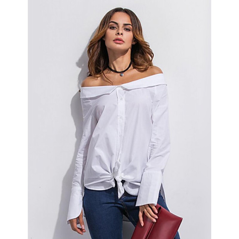 Women's Casual/Daily Street chic Spring / Fall ShirtSolid Boat Neck Long Sleeve White Cotton Medium