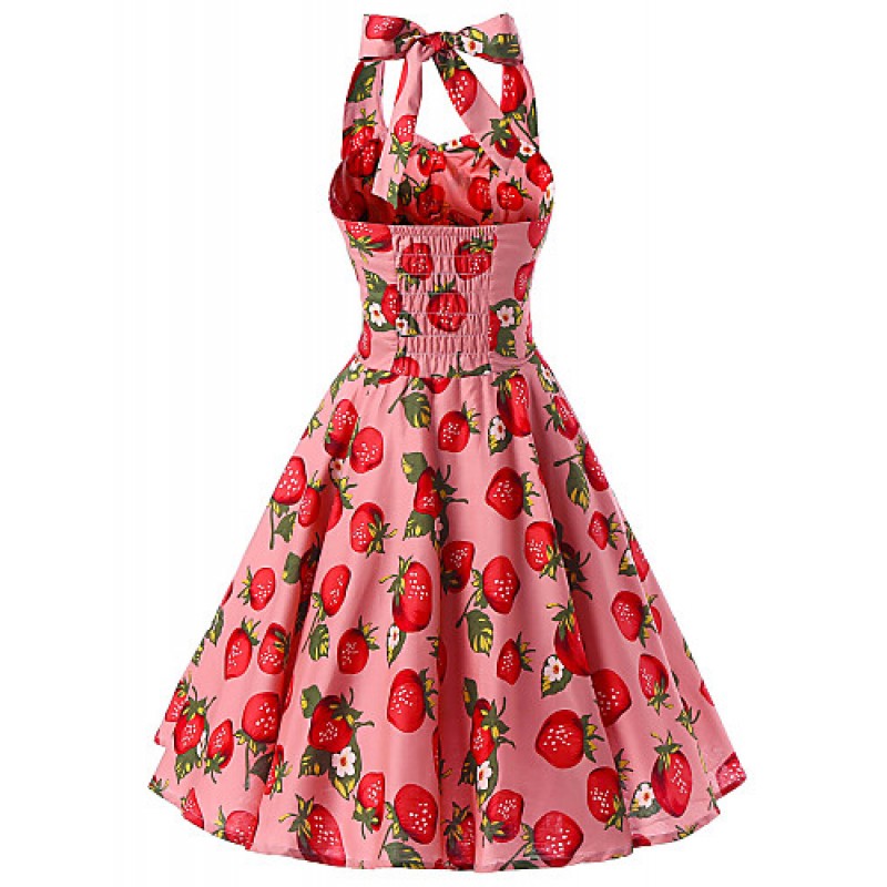 Women's Pink Strawberry Pattern Floral Dress , Vintage Halter 50s Rockabilly Swing Dress