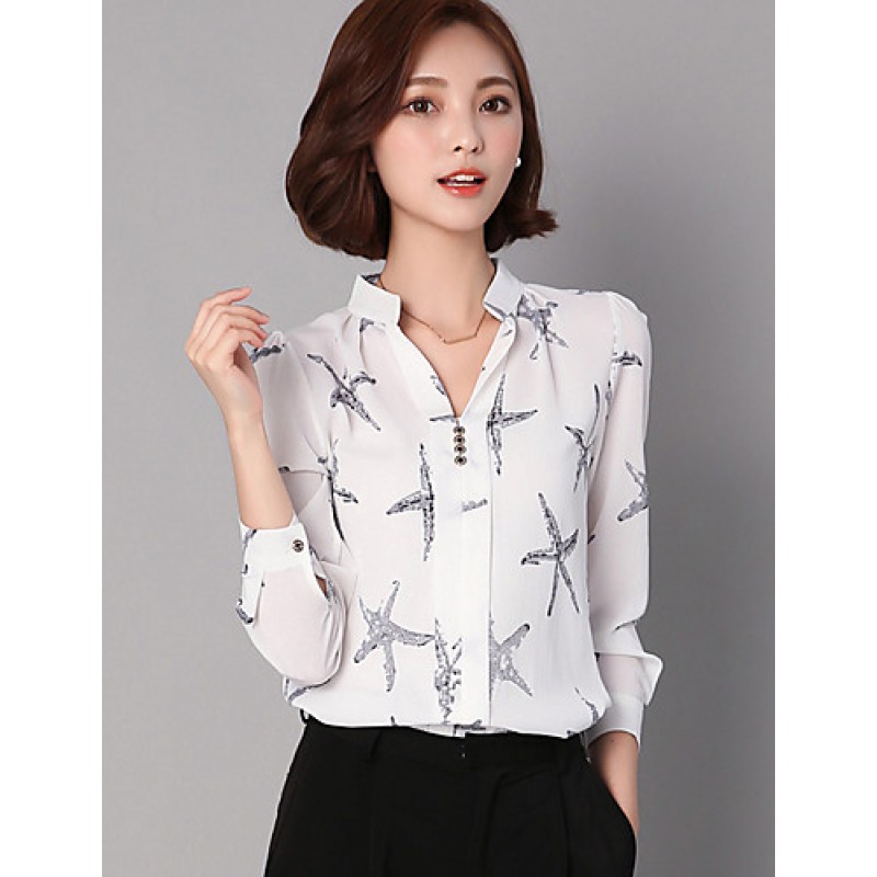 Women's Casual/Daily Street chic All Seasons ShirtPrint Stand Long Sleeve Blue / White / Black Rayon / Polyester Thin