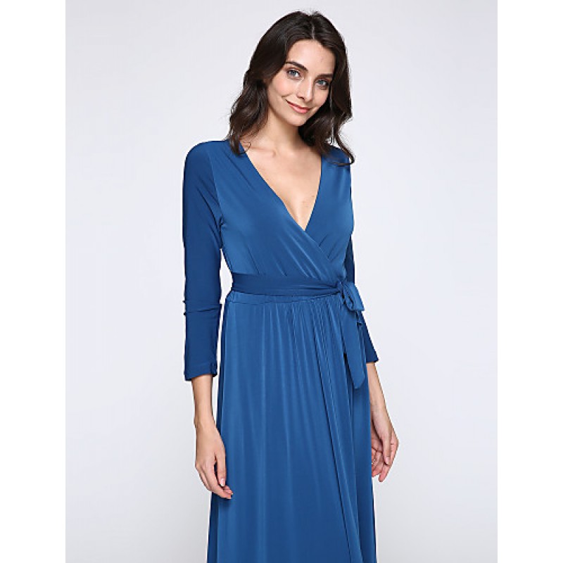 Women's Party/Cocktail Plus Size Plus Size Dress,Solid V Neck Midi Long Sleeve Blue Spandex Fall