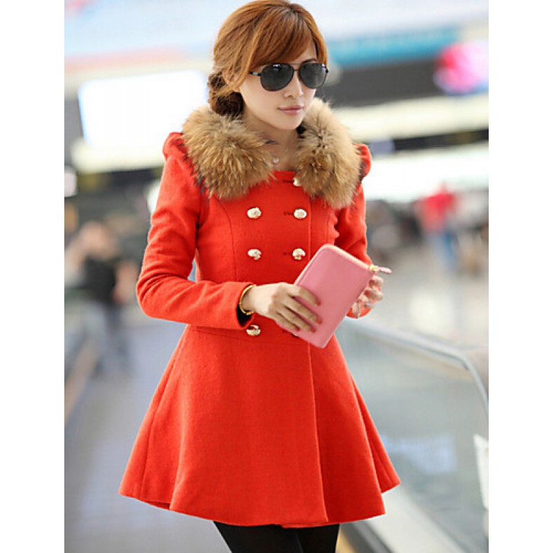 Women's Vintage Coat,Solid Shirt Collar Long Sleeve Winter Red / Black / Orange Wool / Others Thick