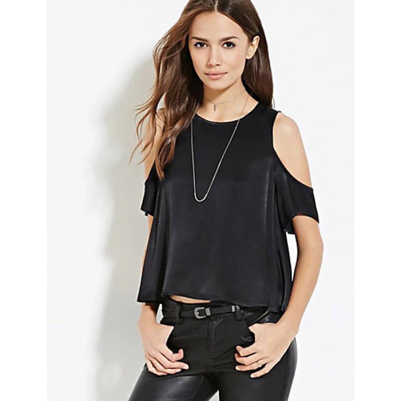 Women's Casual/Daily Street chic Summer T-shirt,Solid Round Neck Short Sleeve Black Polyester Opaque