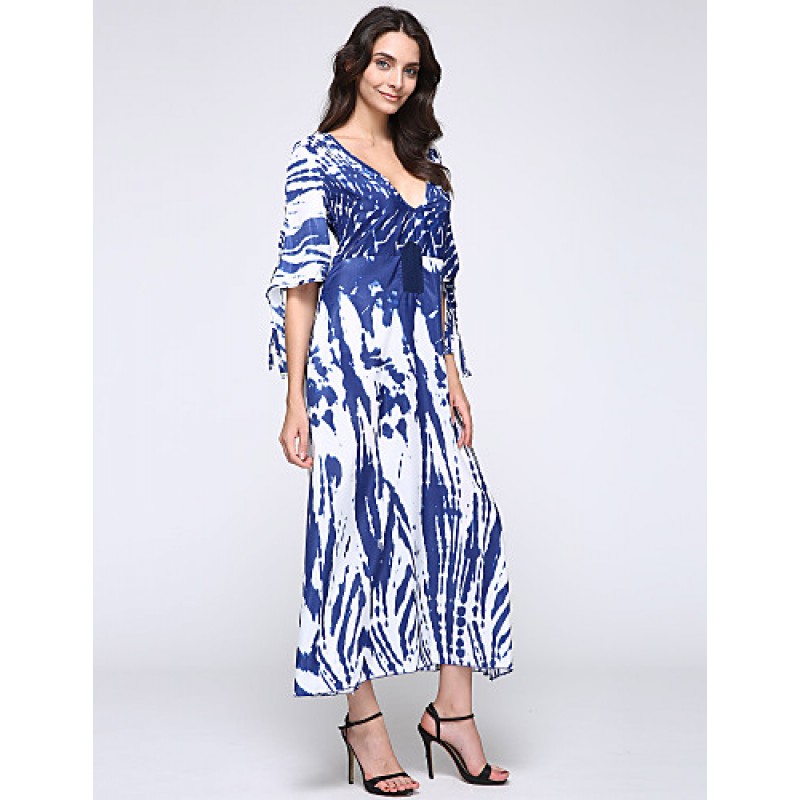 New Boho Maxi Dress Contrast Print Deep V-Neck Side Zipper 3/4 Sleeve Beach Evening Party Long