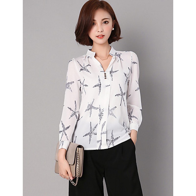 Women's Casual/Daily Street chic All Seasons ShirtPrint Stand Long Sleeve Blue / White / Black Rayon / Polyester Thin