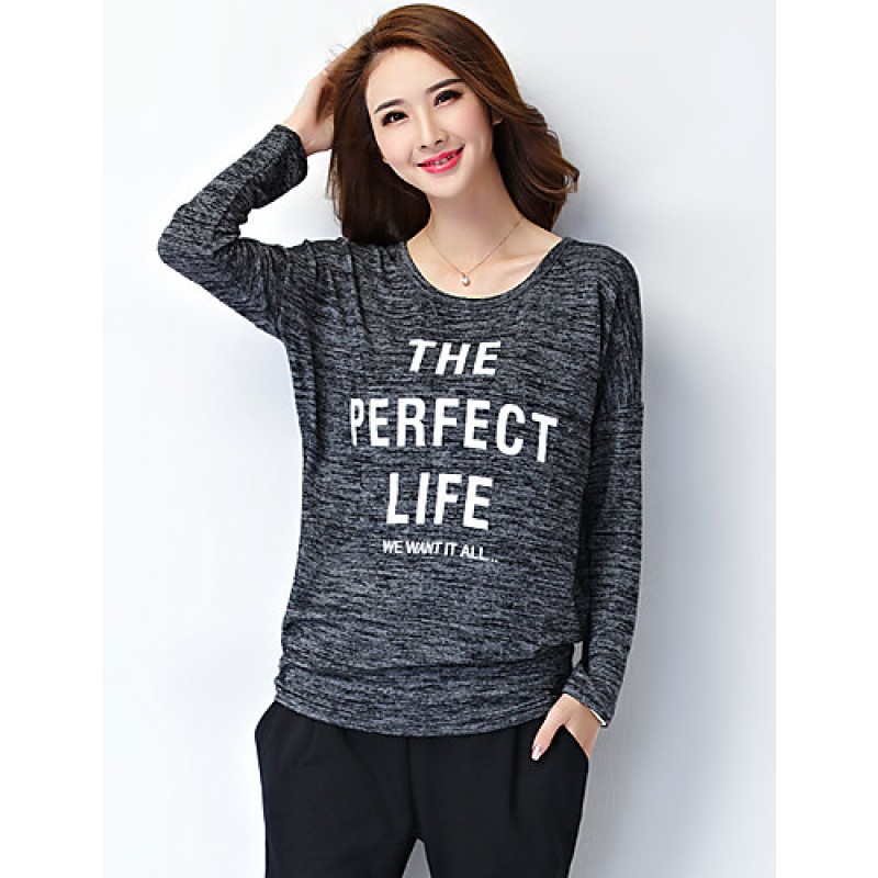 Women's Plus Size / Casual/Daily Vintage All Seasons T-shirtLetter Round Neck Long Sleeve Black Polyester Medium