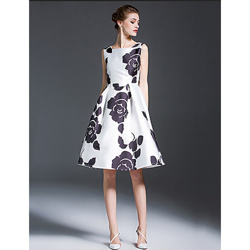 Women's Vintage Floral A Line Dress,Round Neck Knee-length Polyester