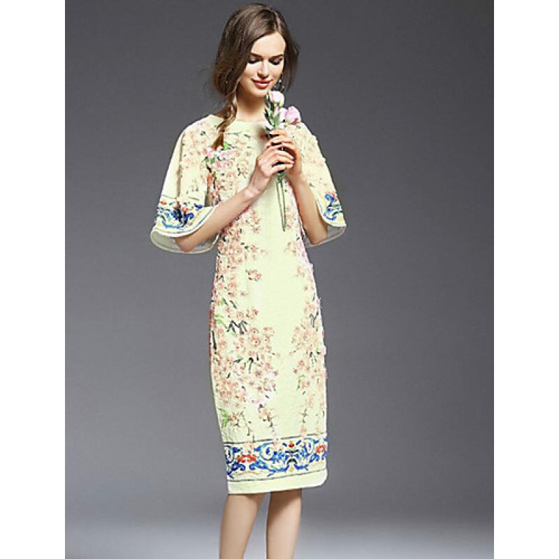 Casual/Daily Simple Sheath Dress,Print Round Neck Knee-length ? Length Sleeve White Others Summer Mid Rise