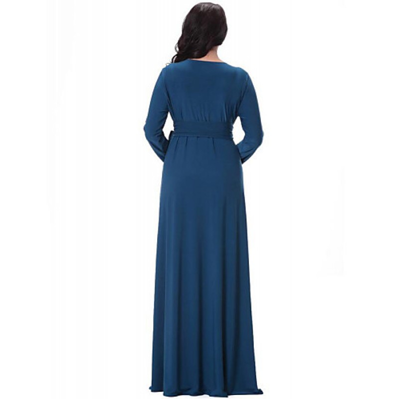 Women's Party/Cocktail Plus Size Plus Size Dress,Solid V Neck Midi Long Sleeve Blue Spandex Fall