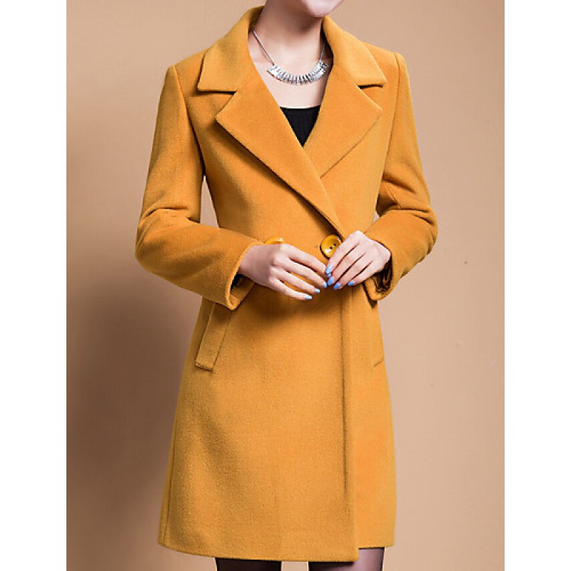 Women's Plus Size Coat,Solid Shirt Collar Long Sleeve Winter Blue / Black / Yellow Wool / Others Thick