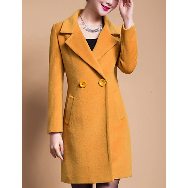 Women's Plus Size Coat,Solid Shirt Collar Long Sleeve Winter Blue / Black / Yellow Wool / Others Thick