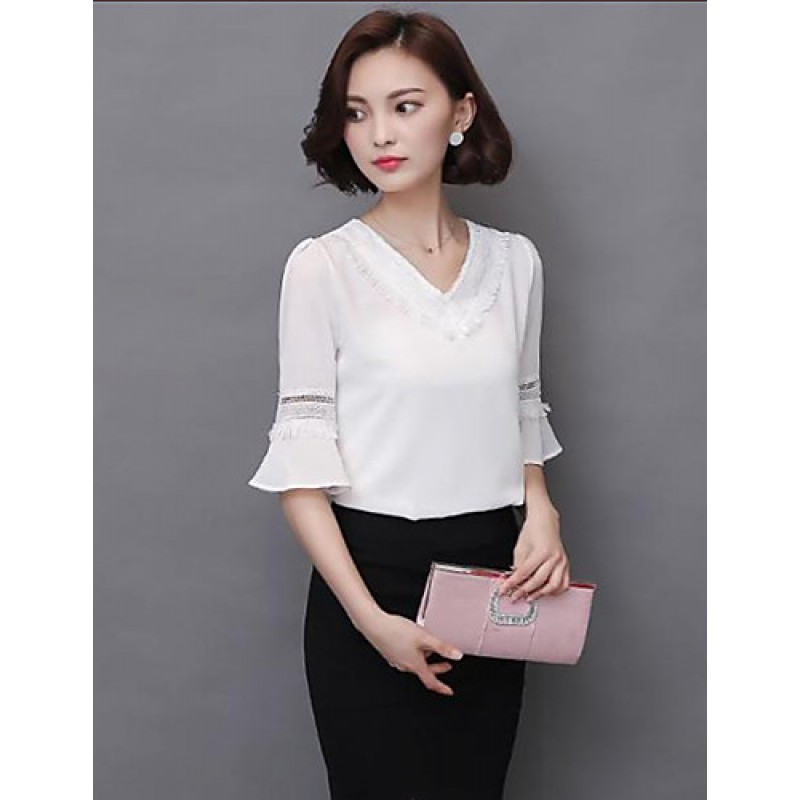 Women's Going out Street chic Fall Blouse,Solid V Neck ? Length Sleeve White Polyester Thin