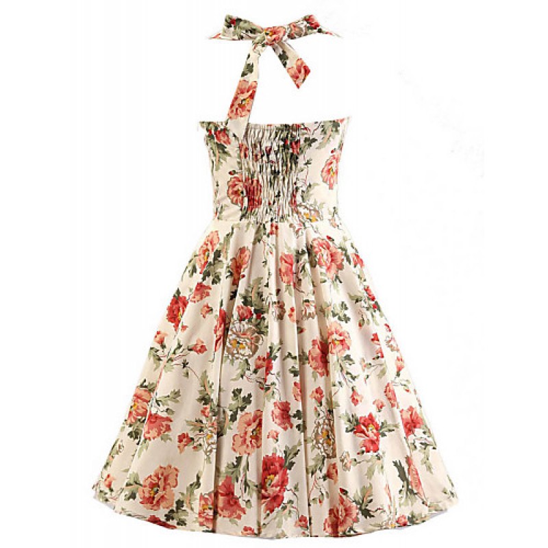 Women's Cream Floral Dress , Vintage Halter 50s Rockabilly Swing Dress