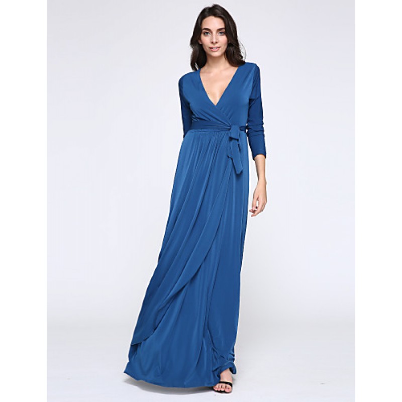 Women's Party/Cocktail Plus Size Plus Size Dress,Solid V Neck Midi Long Sleeve Blue Spandex Fall