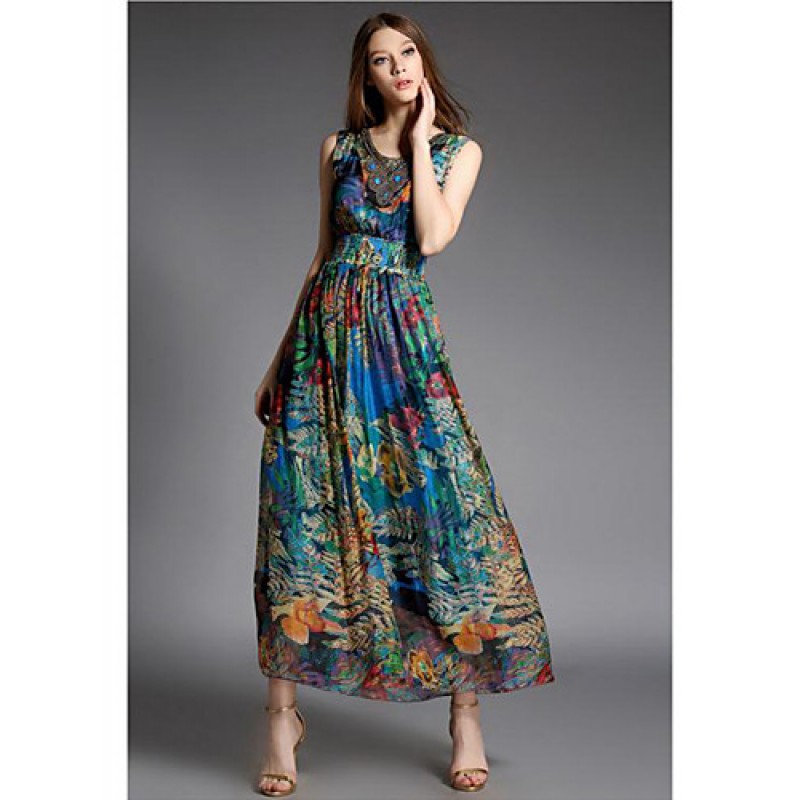 Going out Street chic Sheath Dress,Print V Neck Maxi Sleeveless Blue Silk Summer High Rise