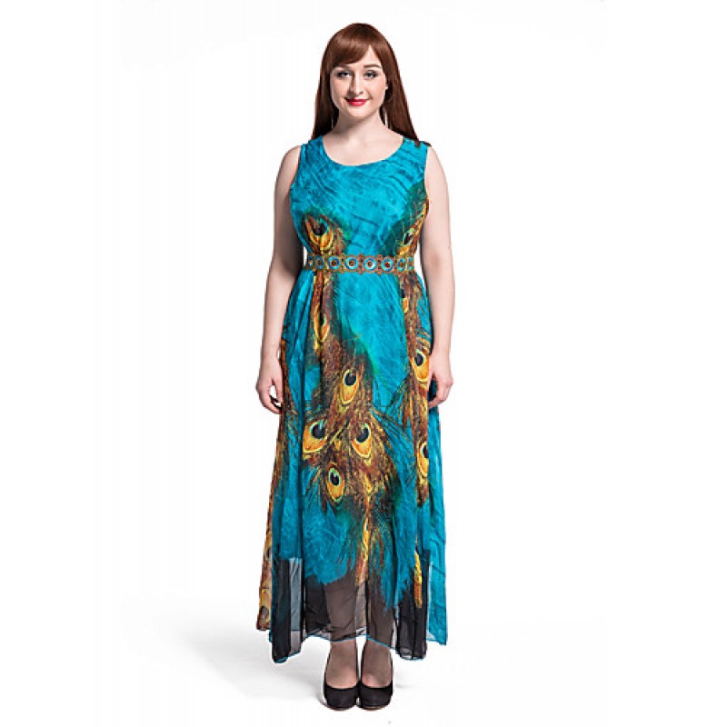 Women's Beach Plus Size / Swing Dress,Animal Print Round Neck Maxi Sleeveless Blue Polyester Summer