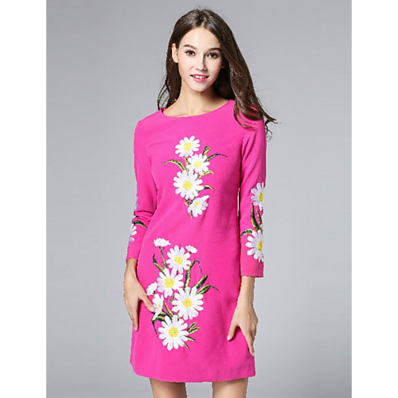 Boutique S Women's Casual/Daily Vintage Shift Dress,Embroidered Round Neck Above Knee Long Sleeve Polyester Fall