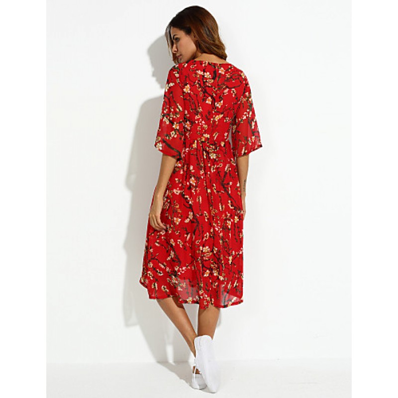 Women's Casual/Daily Boho / Street chic Plus Size / Chiffon Dress,Floral Round Neck Midi ? Length Sleeve Red Silk Summer