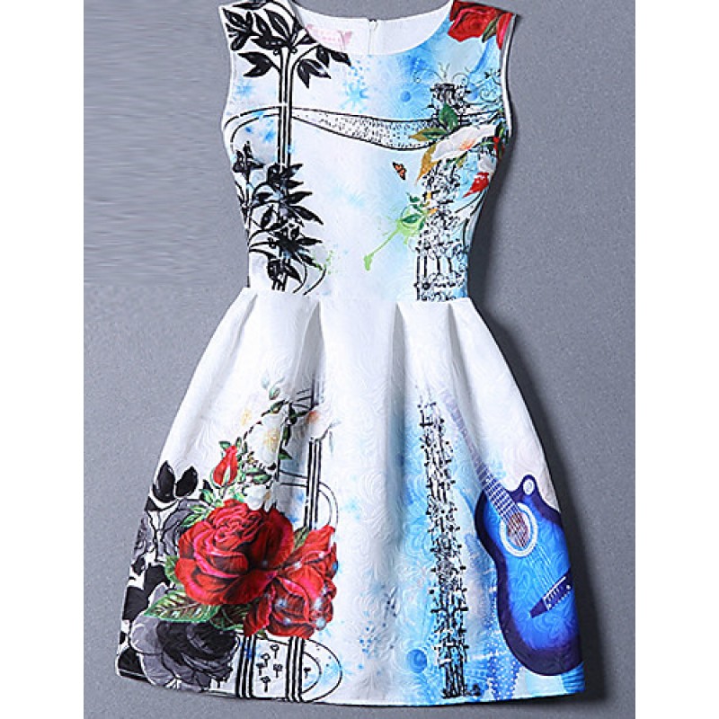 Women's Cute Print A Line Dress,Round Neck Mini Polyester